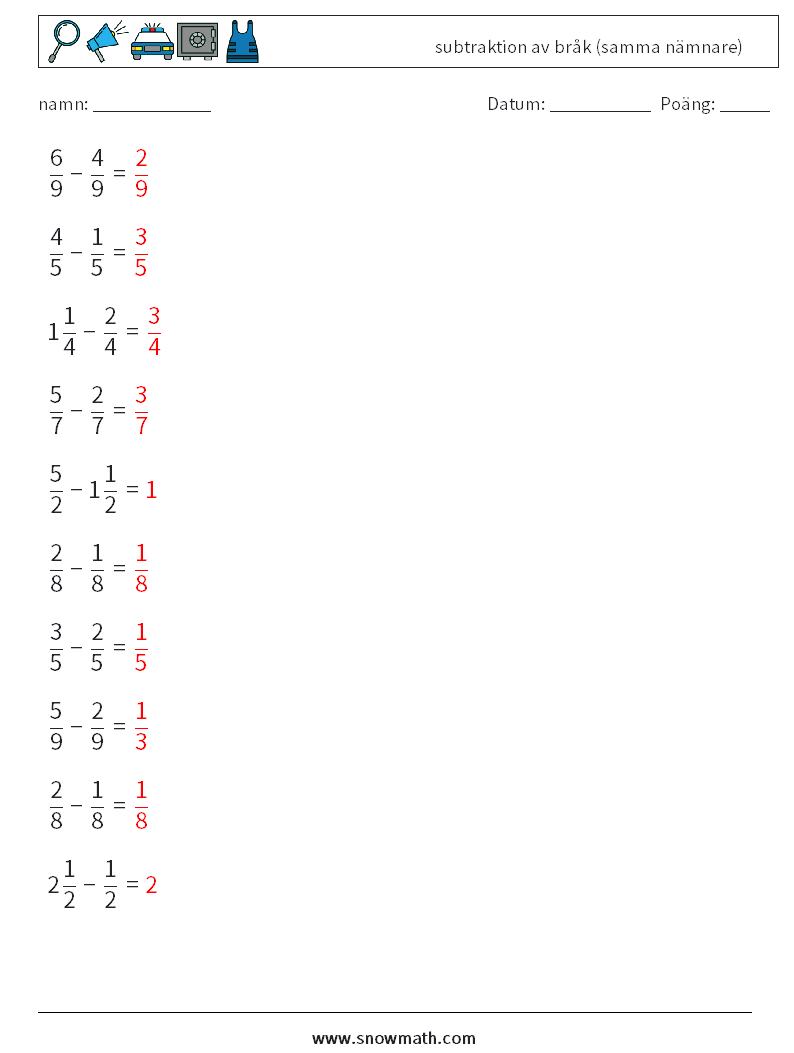 (10) subtraktion av bråk (samma nämnare) Matematiska arbetsblad 11 Fråga, svar