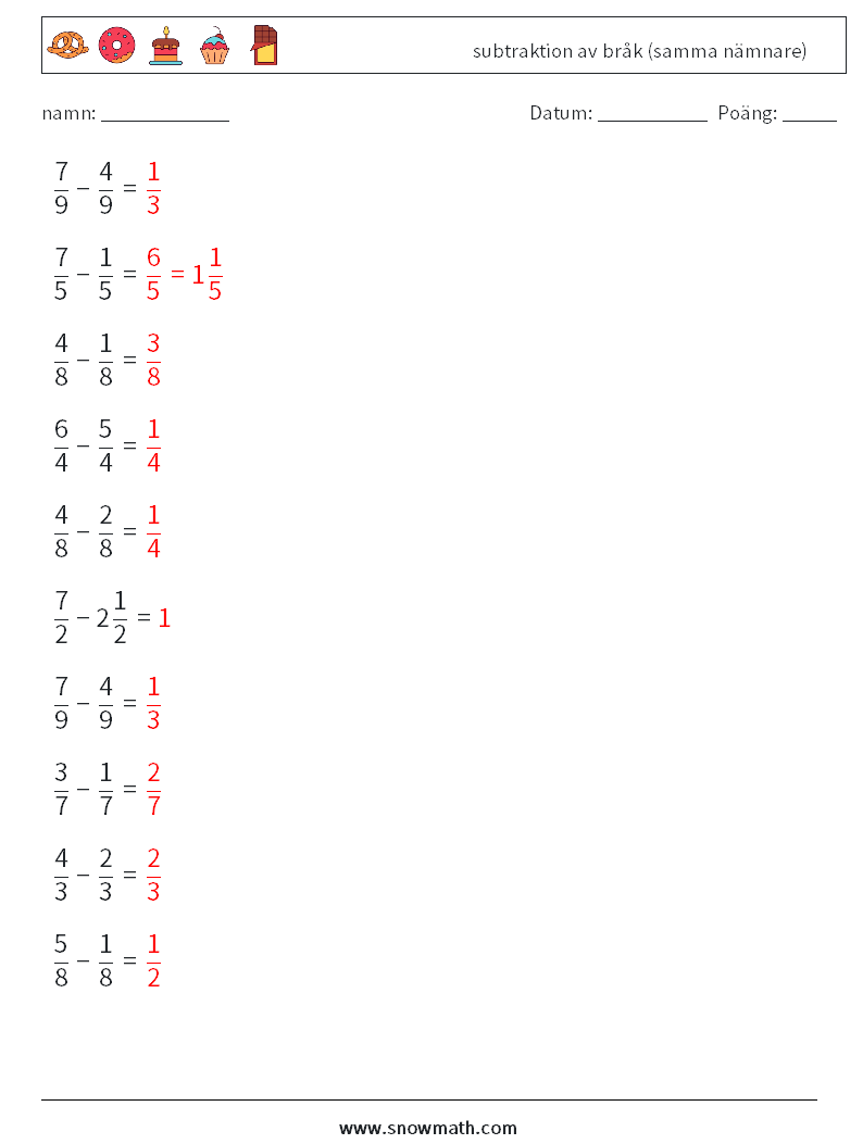 (10) subtraktion av bråk (samma nämnare) Matematiska arbetsblad 13 Fråga, svar