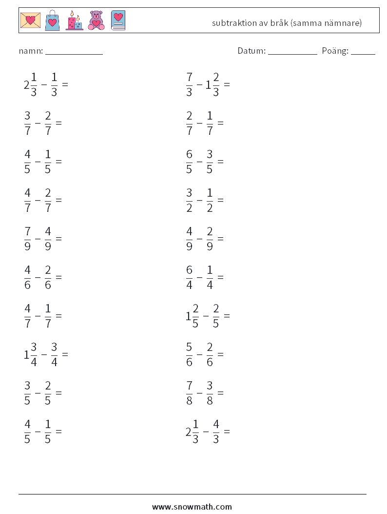 (20) subtraktion av bråk (samma nämnare) Matematiska arbetsblad 1