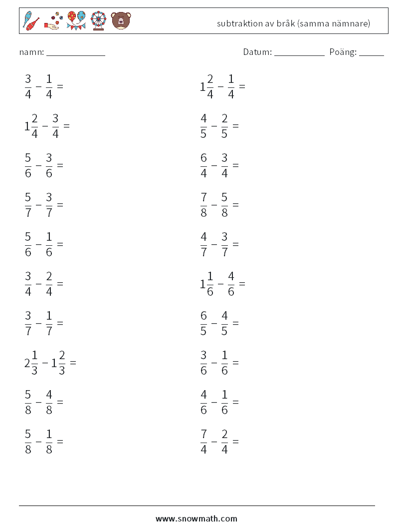 (20) subtraktion av bråk (samma nämnare) Matematiska arbetsblad 9
