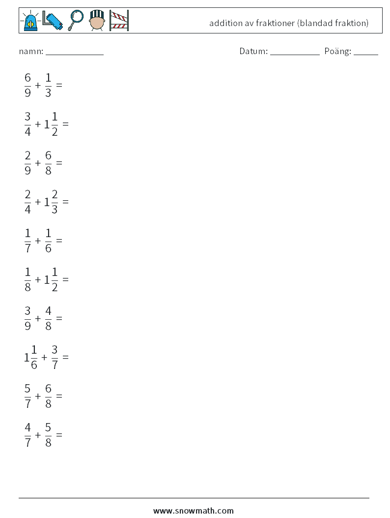 (10) addition av fraktioner (blandad fraktion) Matematiska arbetsblad 10