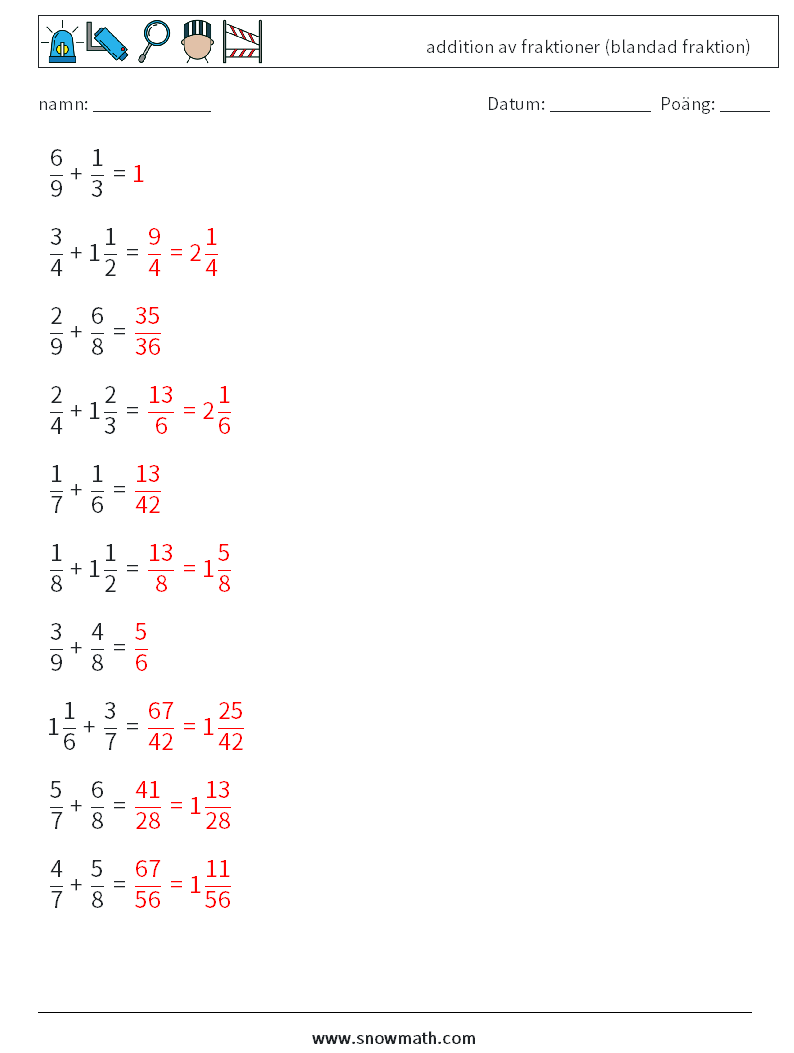 (10) addition av fraktioner (blandad fraktion) Matematiska arbetsblad 10 Fråga, svar