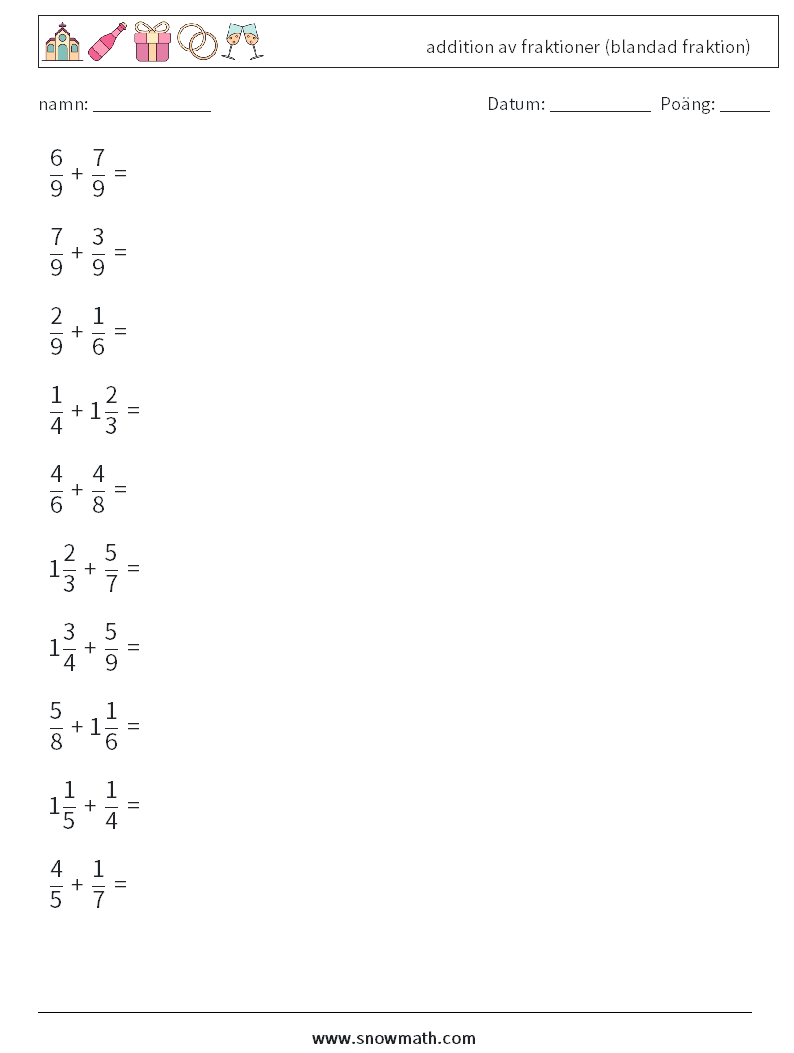 (10) addition av fraktioner (blandad fraktion) Matematiska arbetsblad 12