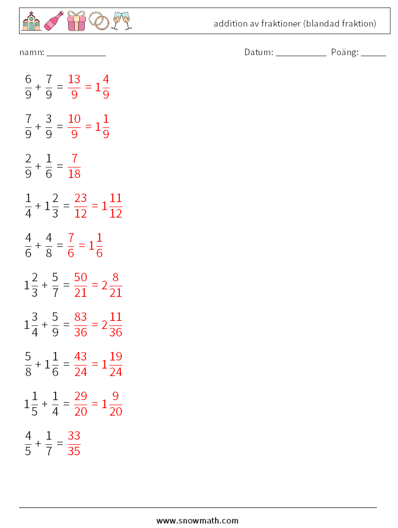 (10) addition av fraktioner (blandad fraktion) Matematiska arbetsblad 12 Fråga, svar