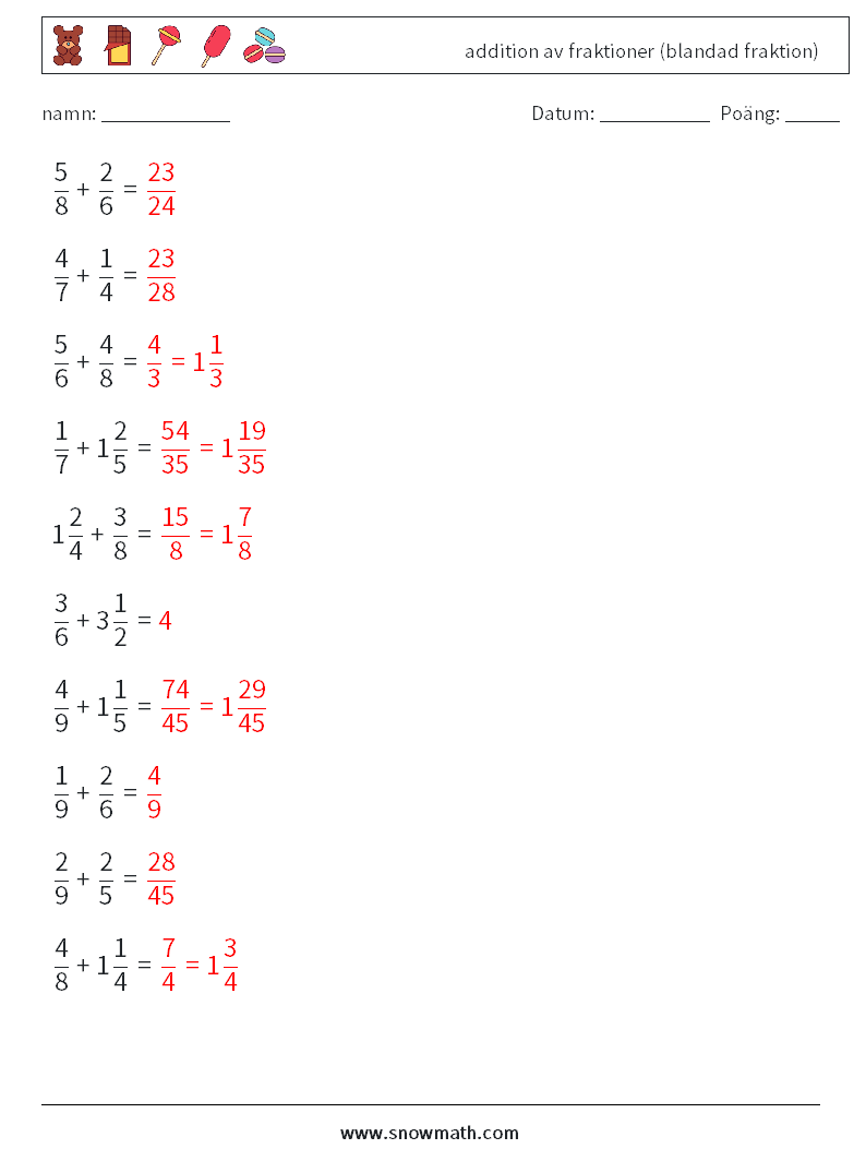 (10) addition av fraktioner (blandad fraktion) Matematiska arbetsblad 13 Fråga, svar