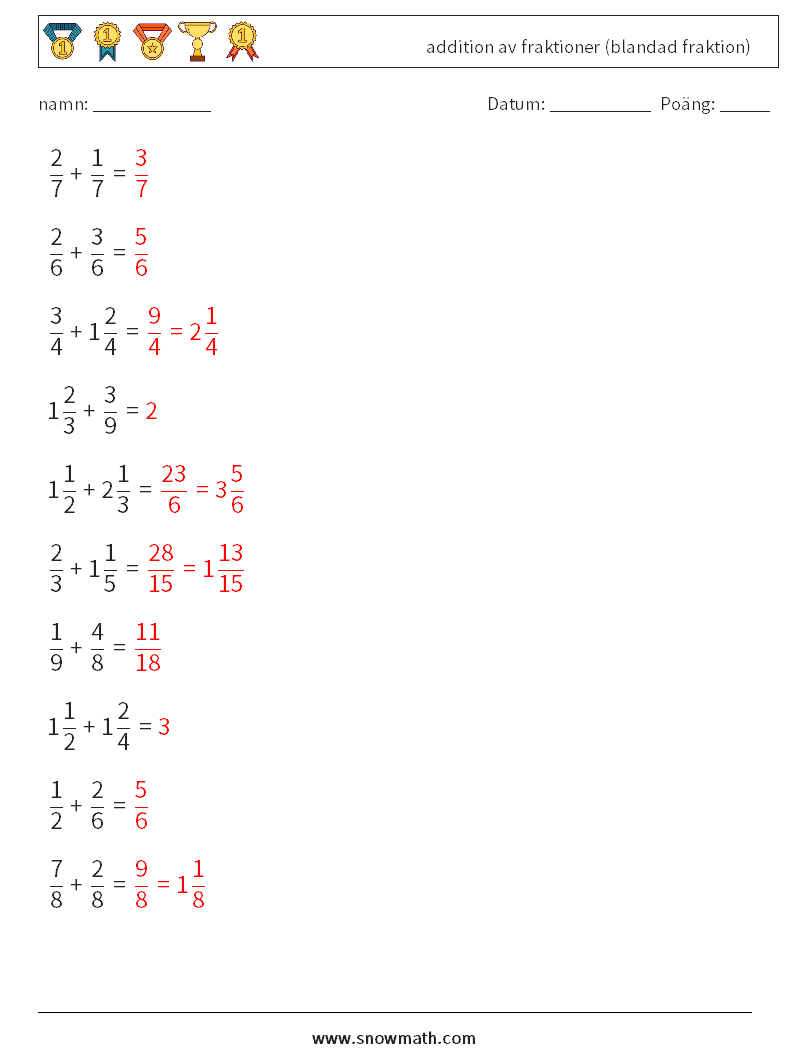 (10) addition av fraktioner (blandad fraktion) Matematiska arbetsblad 15 Fråga, svar