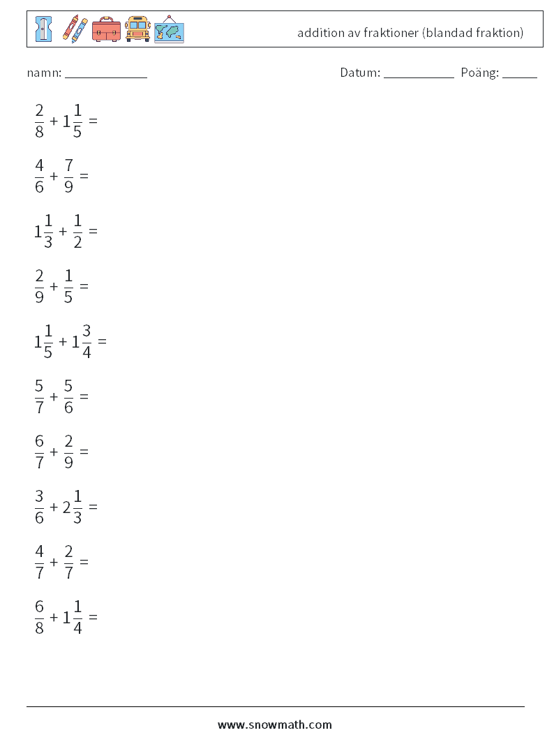 (10) addition av fraktioner (blandad fraktion) Matematiska arbetsblad 16