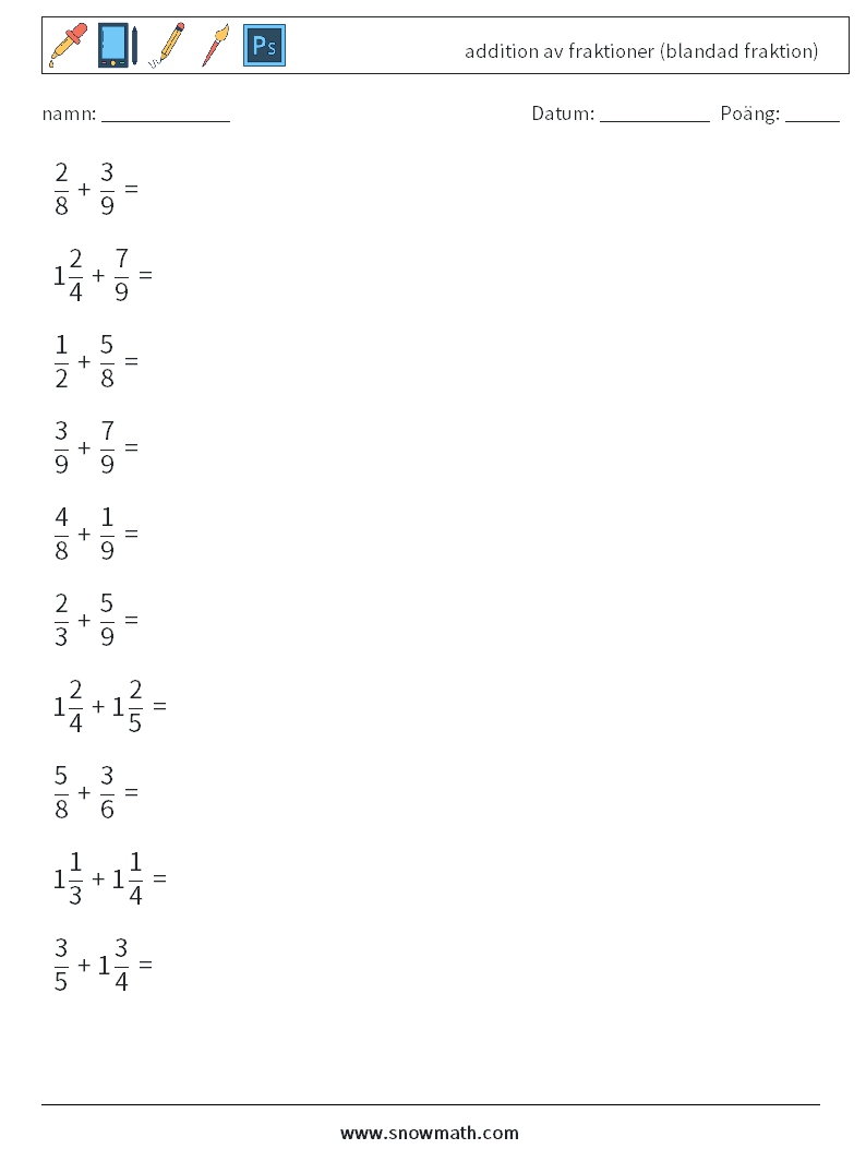 (10) addition av fraktioner (blandad fraktion) Matematiska arbetsblad 17