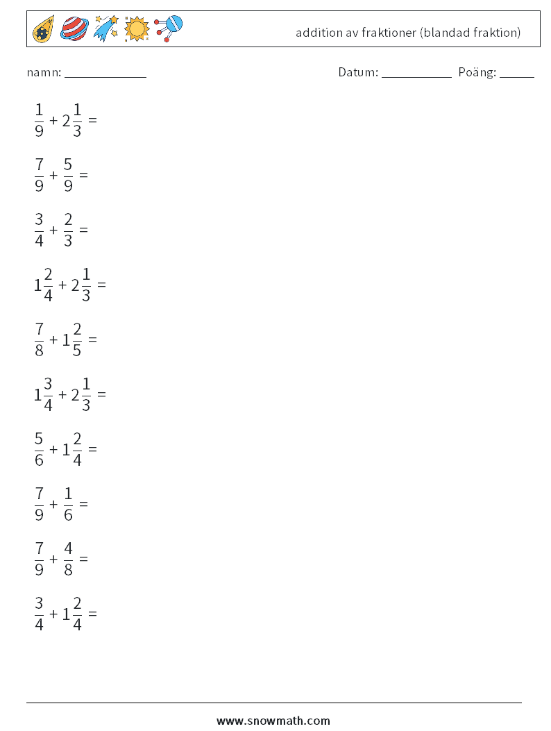 (10) addition av fraktioner (blandad fraktion) Matematiska arbetsblad 2