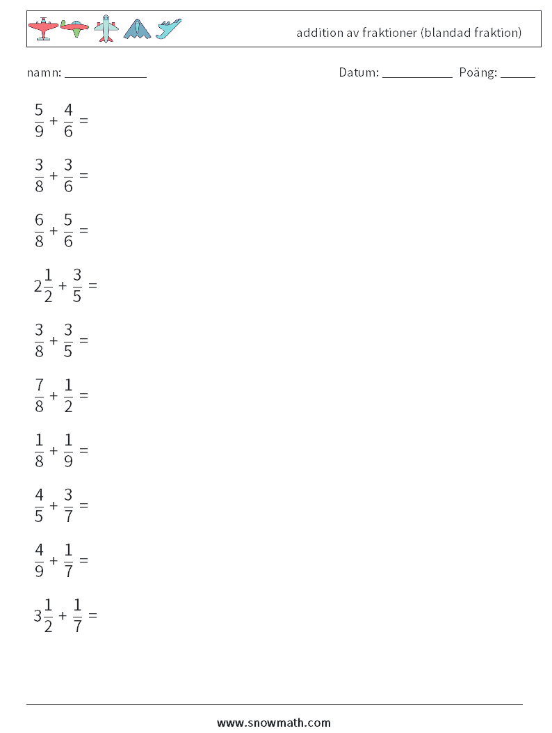 (10) addition av fraktioner (blandad fraktion) Matematiska arbetsblad 4