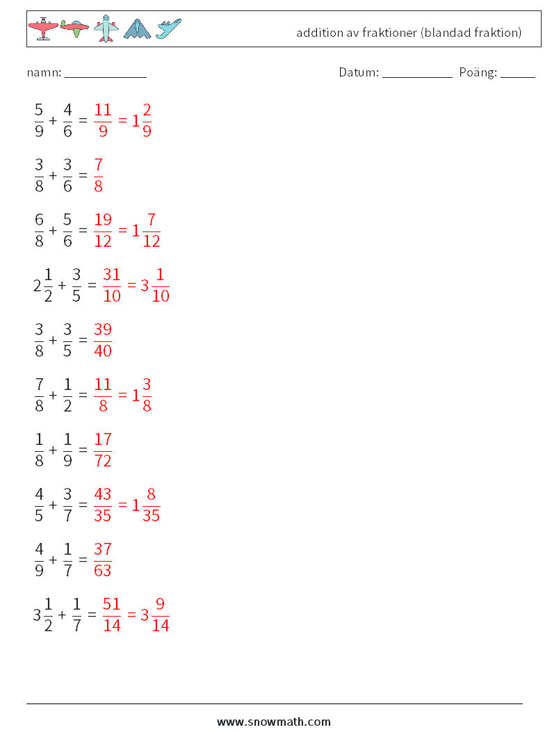 (10) addition av fraktioner (blandad fraktion) Matematiska arbetsblad 4 Fråga, svar