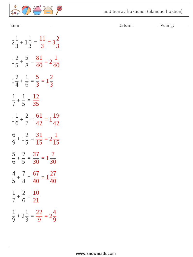 (10) addition av fraktioner (blandad fraktion) Matematiska arbetsblad 5 Fråga, svar