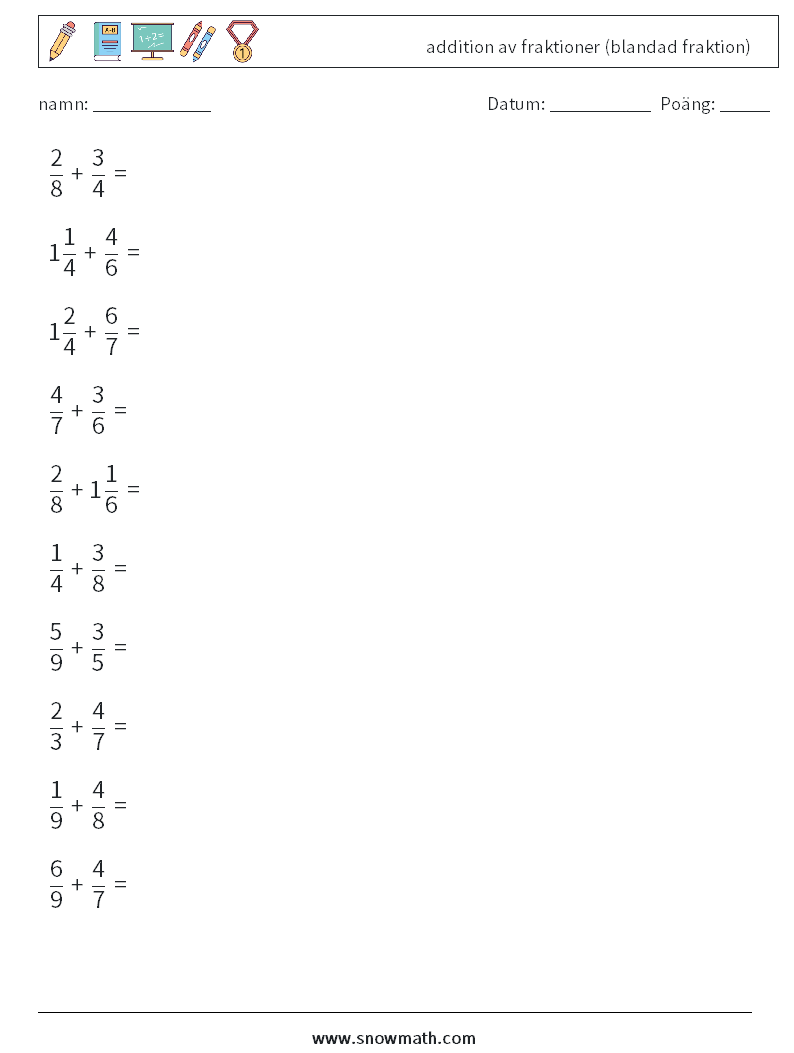 (10) addition av fraktioner (blandad fraktion) Matematiska arbetsblad 6