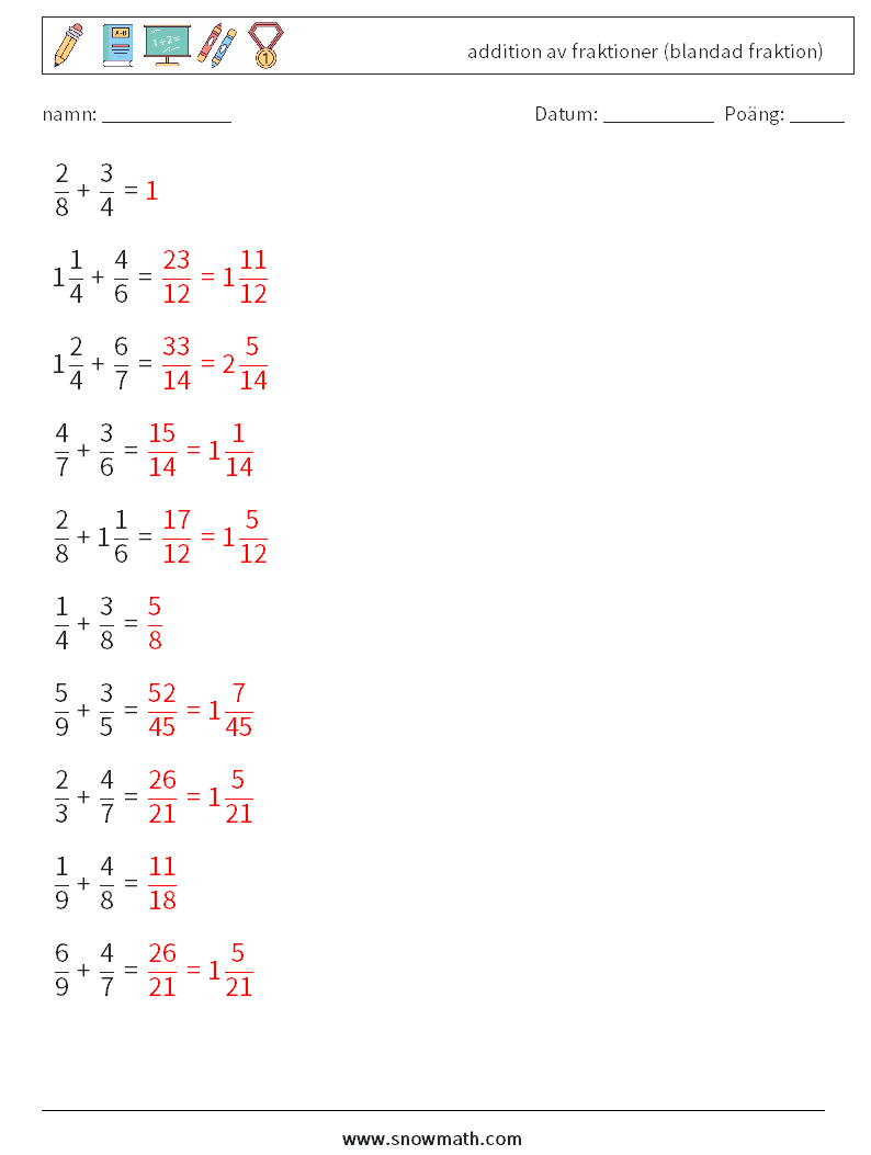 (10) addition av fraktioner (blandad fraktion) Matematiska arbetsblad 6 Fråga, svar