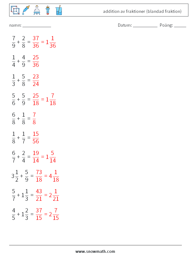 (10) addition av fraktioner (blandad fraktion) Matematiska arbetsblad 7 Fråga, svar