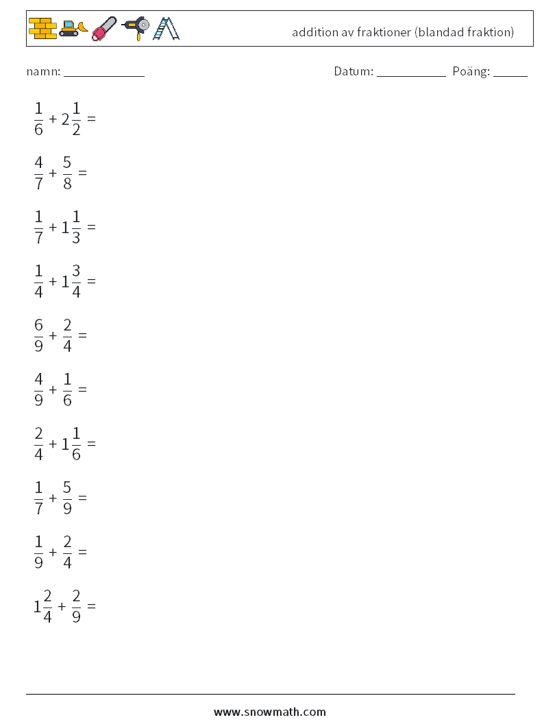 (10) addition av fraktioner (blandad fraktion) Matematiska arbetsblad 9