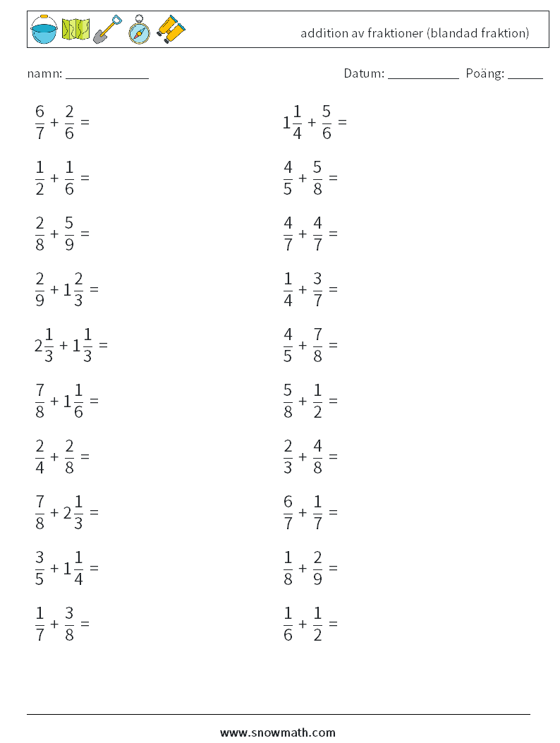 (20) addition av fraktioner (blandad fraktion) Matematiska arbetsblad 1