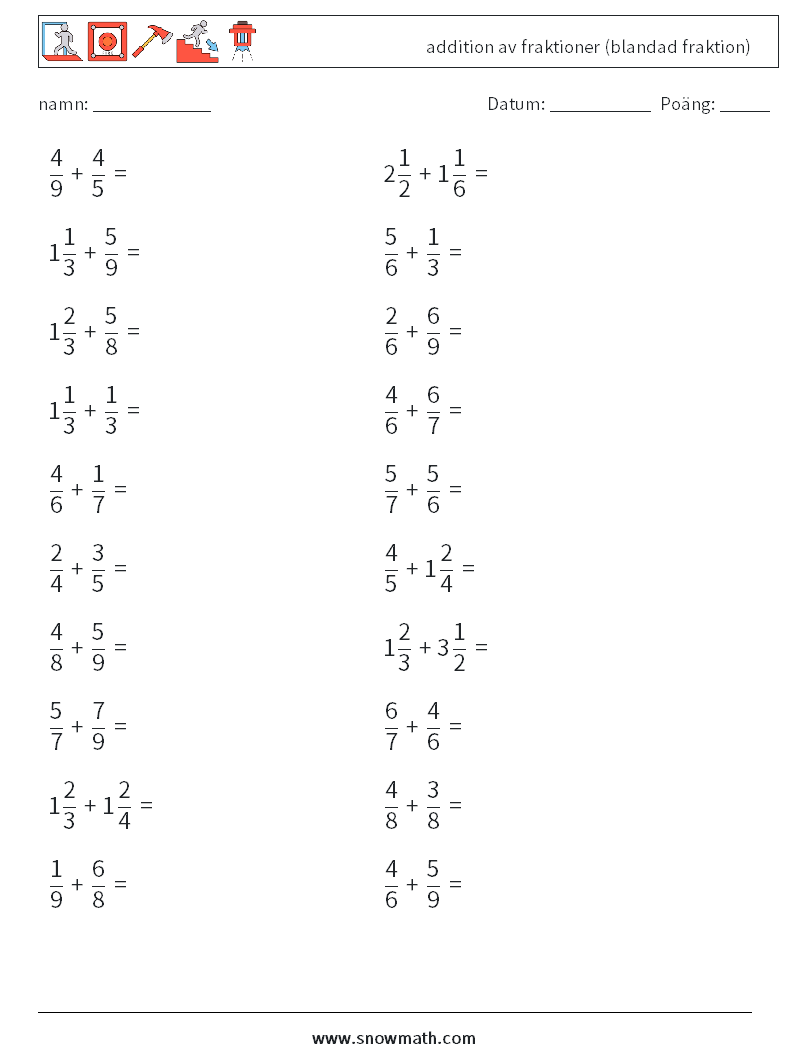 (20) addition av fraktioner (blandad fraktion) Matematiska arbetsblad 11