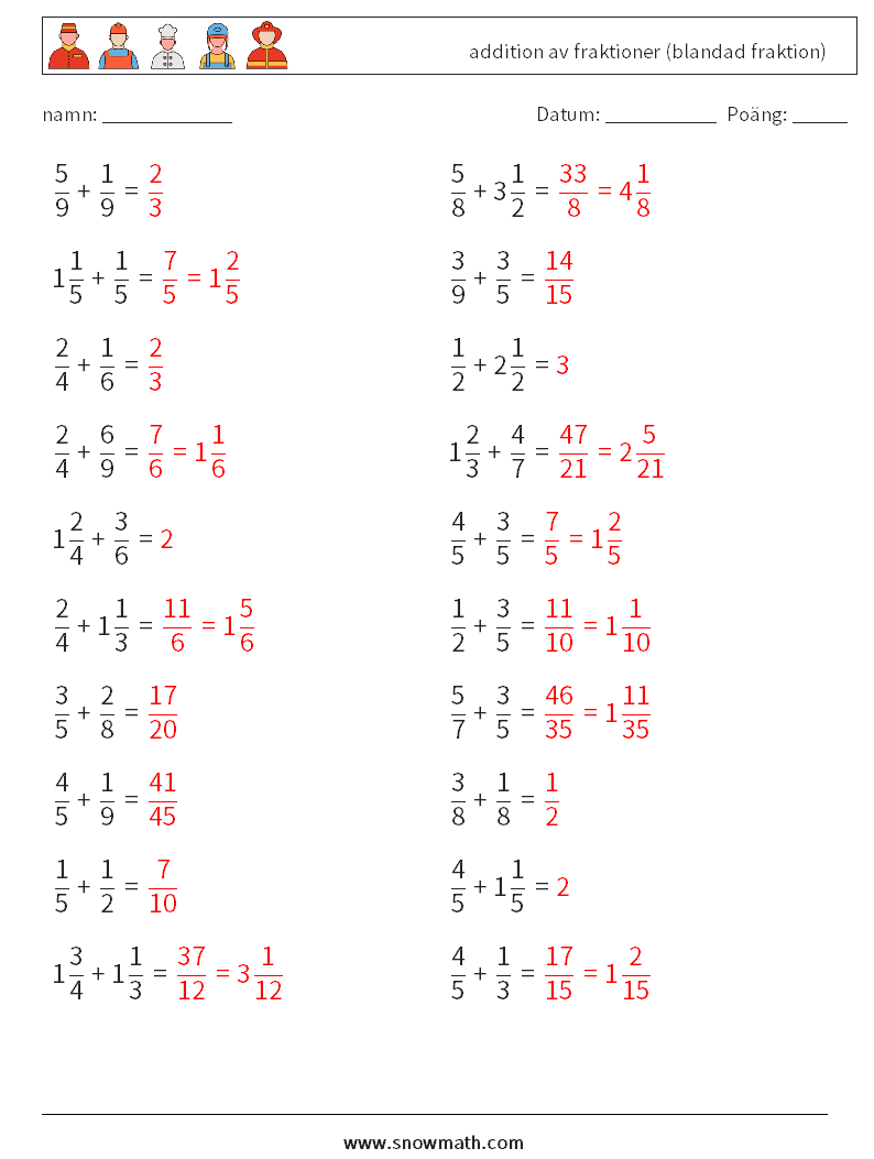 (20) addition av fraktioner (blandad fraktion) Matematiska arbetsblad 12 Fråga, svar