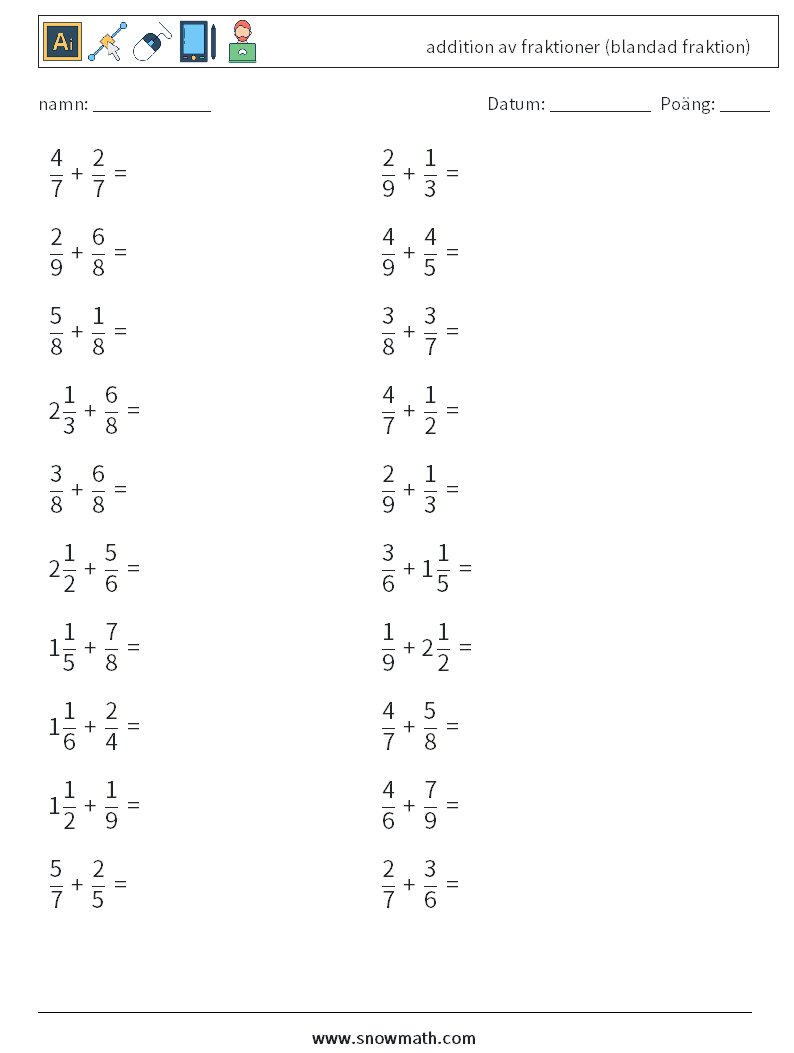 (20) addition av fraktioner (blandad fraktion) Matematiska arbetsblad 13