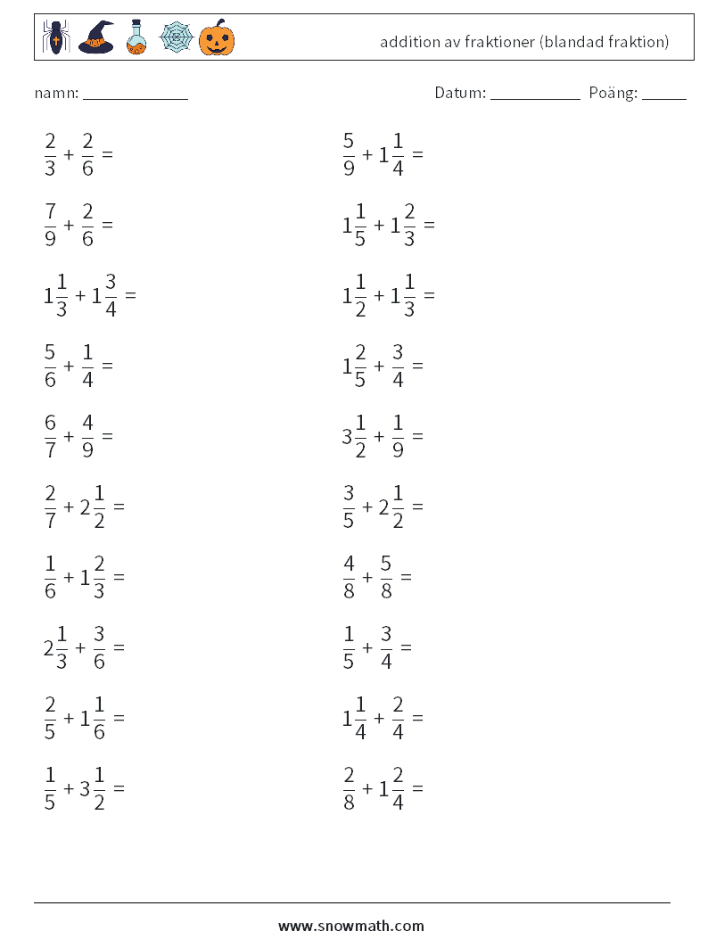 (20) addition av fraktioner (blandad fraktion) Matematiska arbetsblad 14