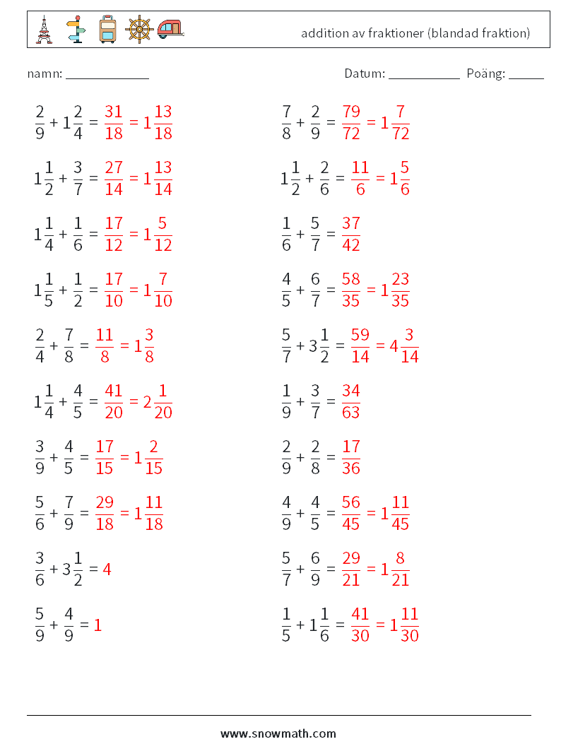 (20) addition av fraktioner (blandad fraktion) Matematiska arbetsblad 16 Fråga, svar