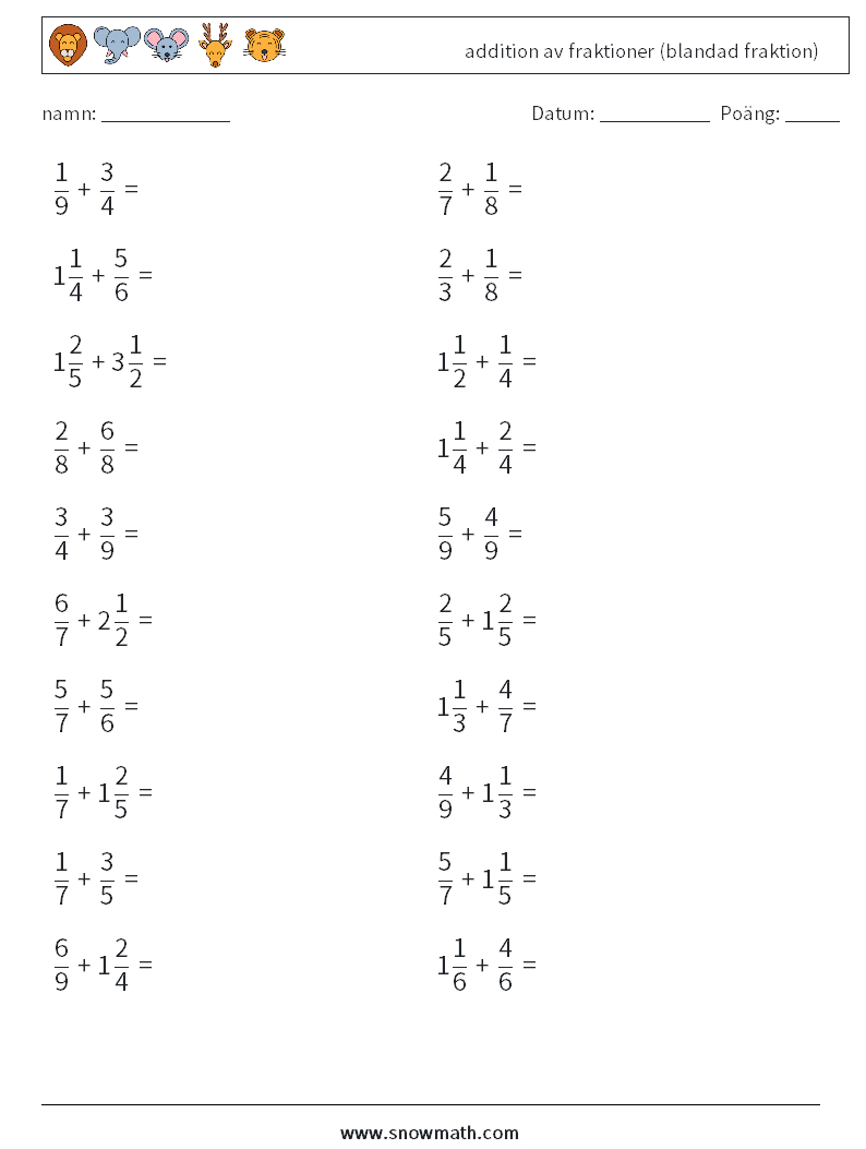 (20) addition av fraktioner (blandad fraktion) Matematiska arbetsblad 2