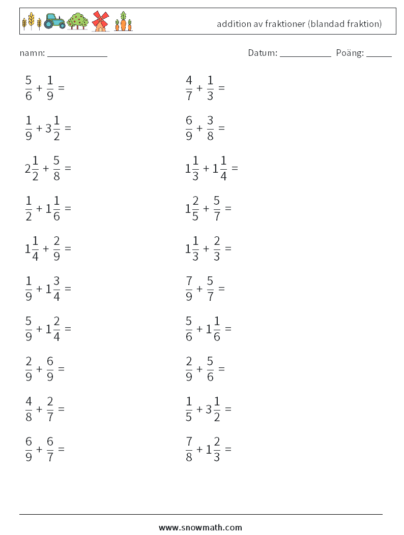 (20) addition av fraktioner (blandad fraktion) Matematiska arbetsblad 3