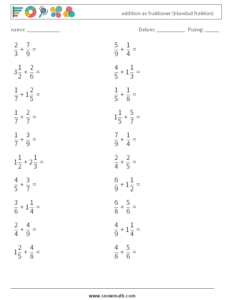 (20) addition av fraktioner (blandad fraktion) Matematiska arbetsblad 4