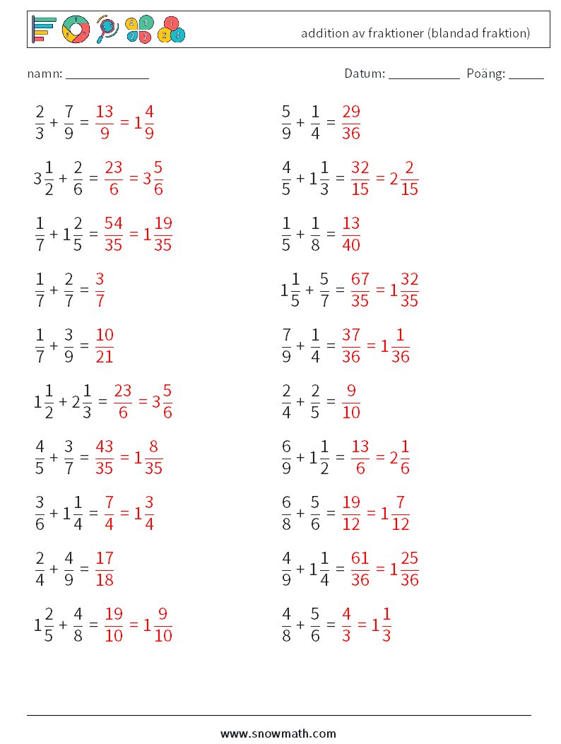 (20) addition av fraktioner (blandad fraktion) Matematiska arbetsblad 4 Fråga, svar