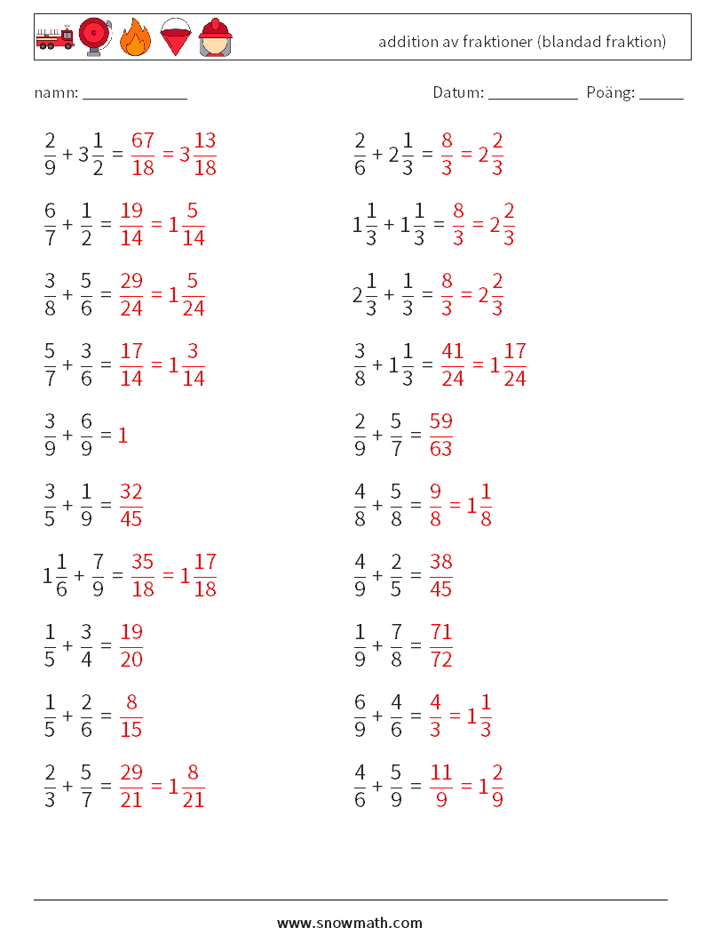 (20) addition av fraktioner (blandad fraktion) Matematiska arbetsblad 6 Fråga, svar