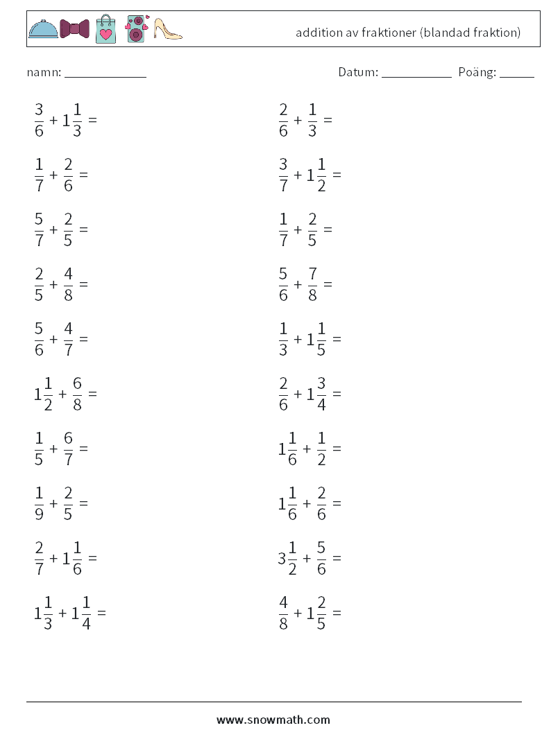 (20) addition av fraktioner (blandad fraktion) Matematiska arbetsblad 8