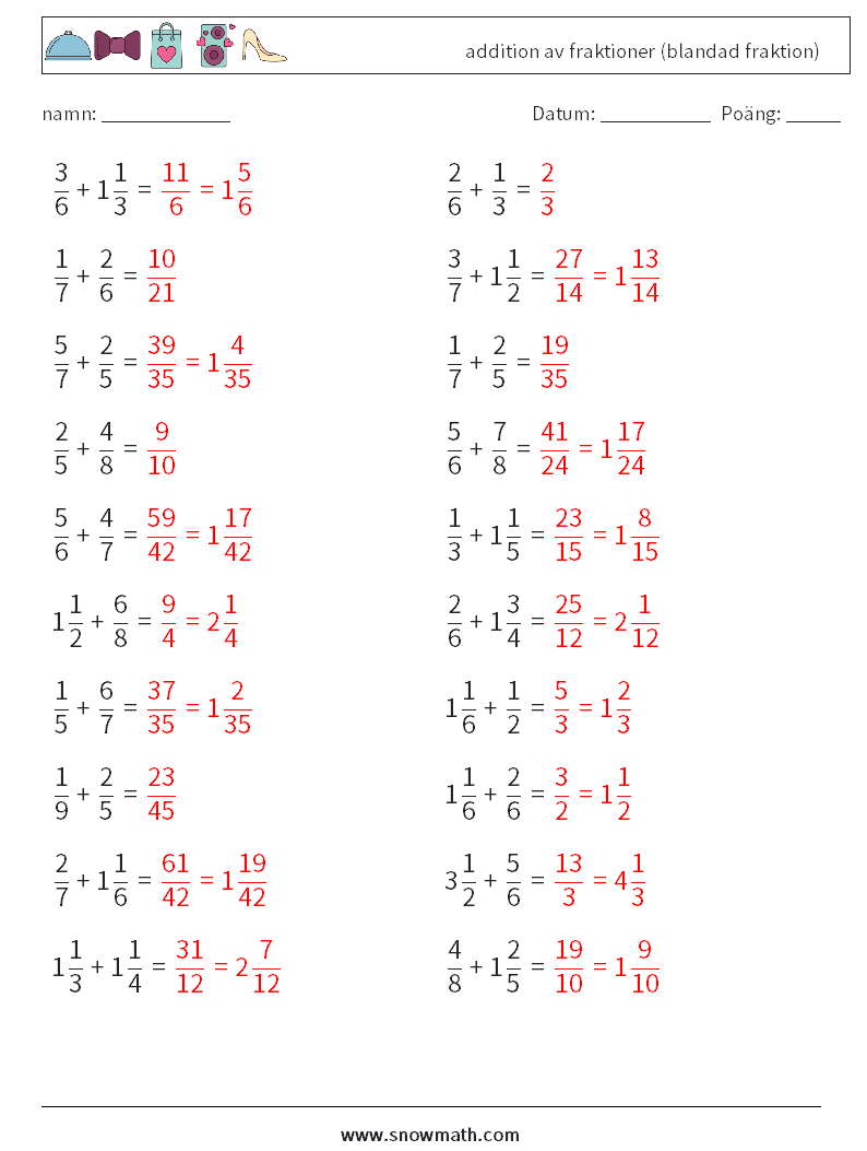 (20) addition av fraktioner (blandad fraktion) Matematiska arbetsblad 8 Fråga, svar