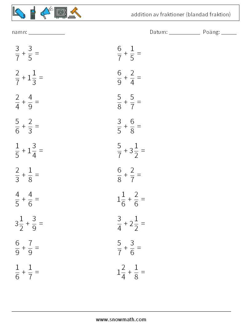 (20) addition av fraktioner (blandad fraktion) Matematiska arbetsblad 9