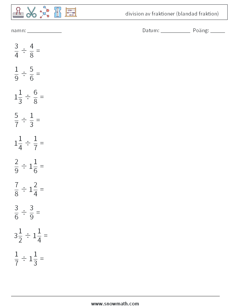 (10) division av fraktioner (blandad fraktion) Matematiska arbetsblad 1