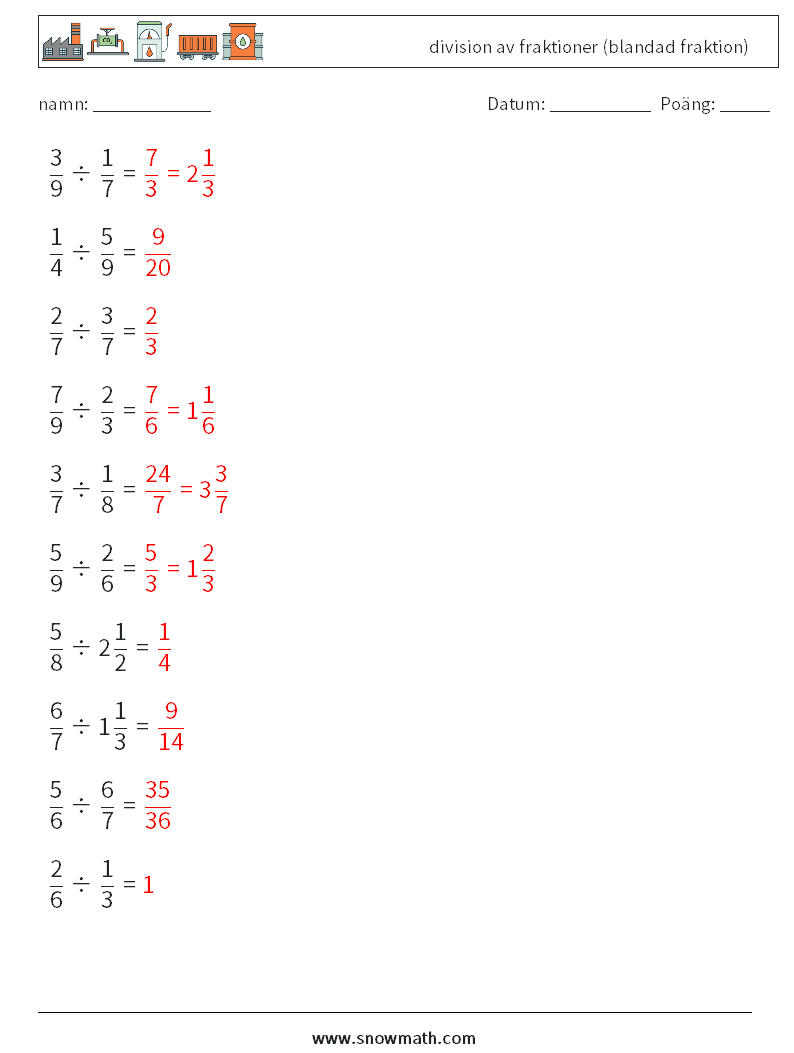 (10) division av fraktioner (blandad fraktion) Matematiska arbetsblad 10 Fråga, svar