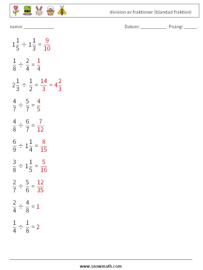 (10) division av fraktioner (blandad fraktion) Matematiska arbetsblad 11 Fråga, svar