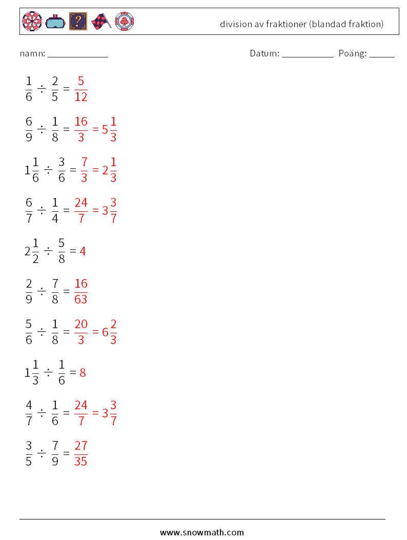 (10) division av fraktioner (blandad fraktion) Matematiska arbetsblad 12 Fråga, svar