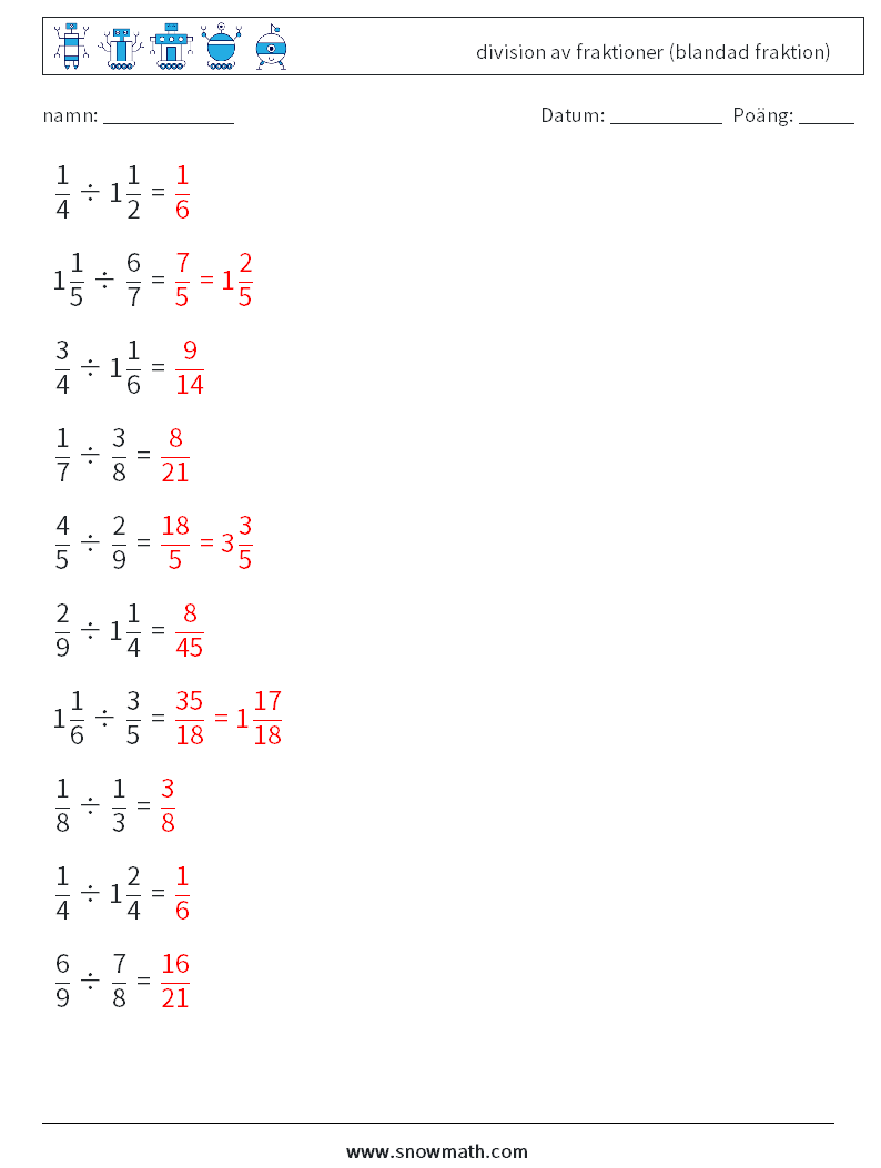 (10) division av fraktioner (blandad fraktion) Matematiska arbetsblad 13 Fråga, svar
