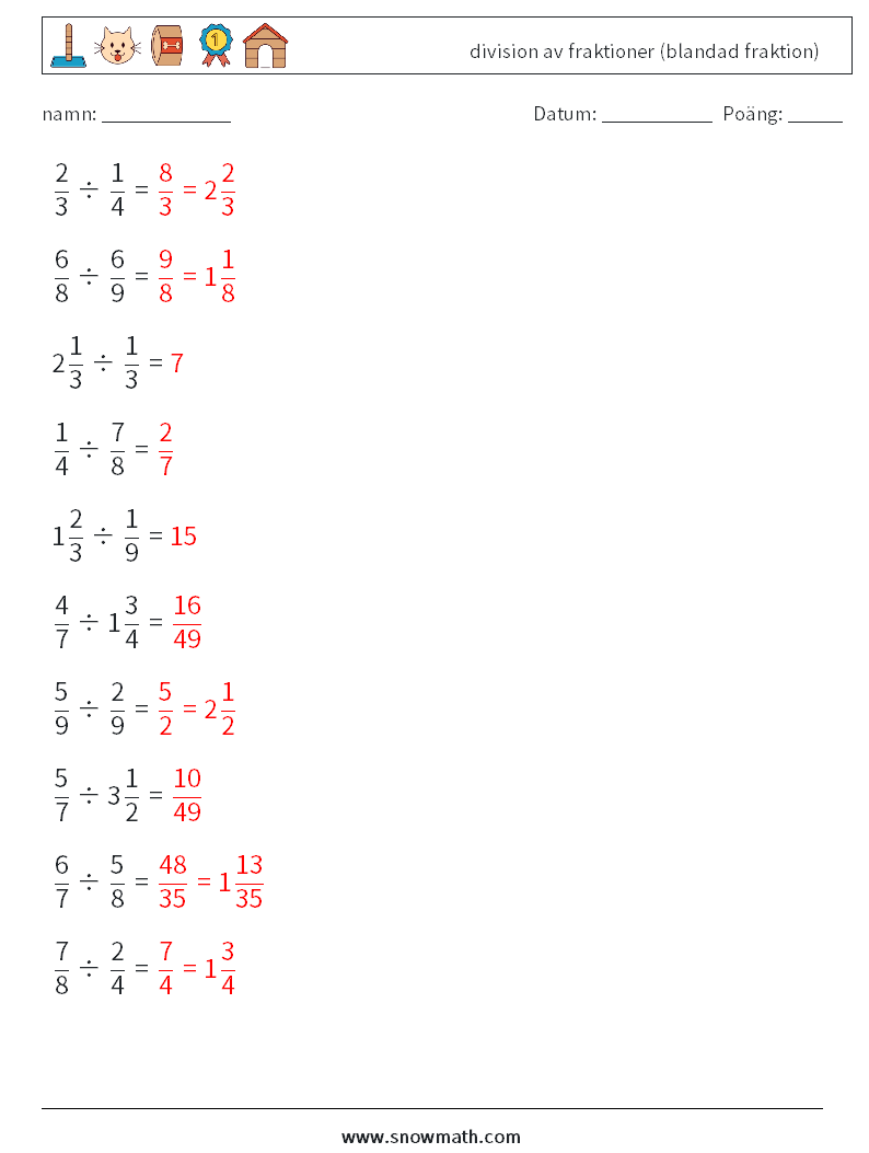 (10) division av fraktioner (blandad fraktion) Matematiska arbetsblad 14 Fråga, svar