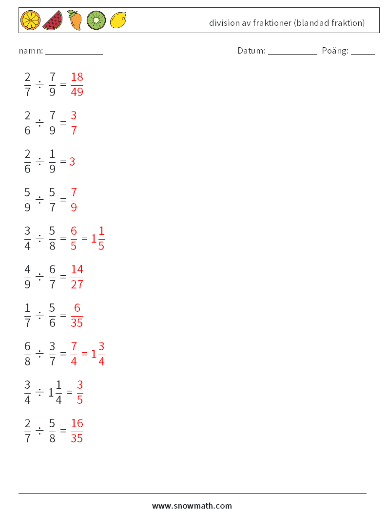 (10) division av fraktioner (blandad fraktion) Matematiska arbetsblad 15 Fråga, svar