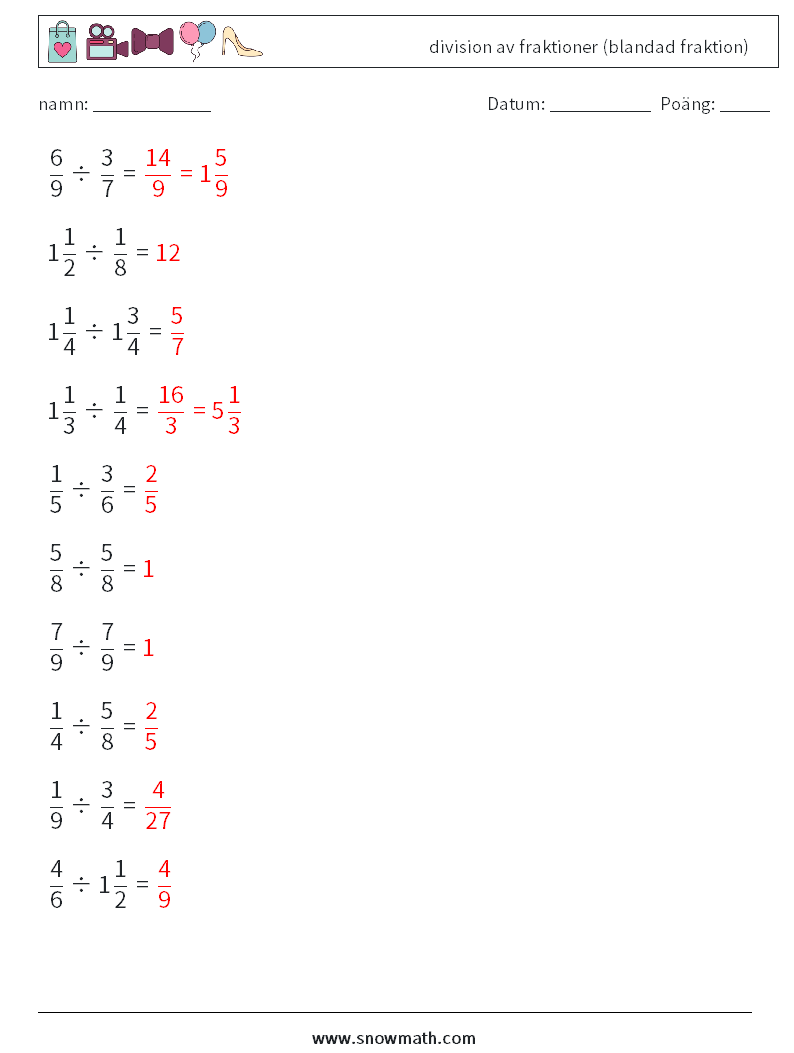 (10) division av fraktioner (blandad fraktion) Matematiska arbetsblad 16 Fråga, svar