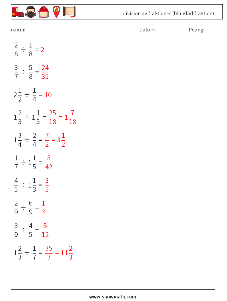 (10) division av fraktioner (blandad fraktion) Matematiska arbetsblad 18 Fråga, svar
