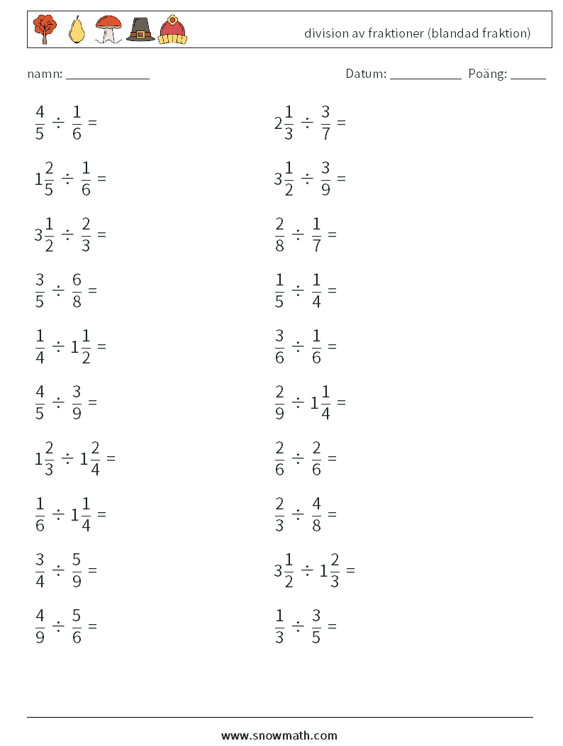 (20) division av fraktioner (blandad fraktion) Matematiska arbetsblad 1