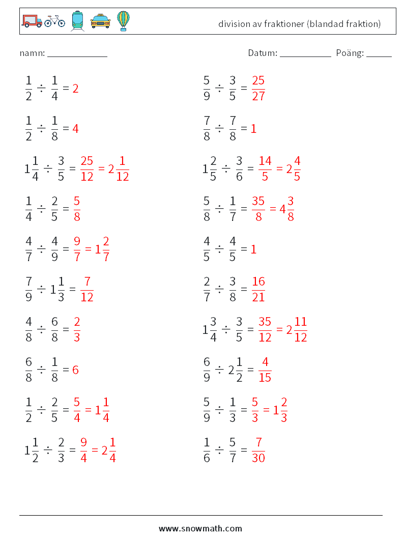 (20) division av fraktioner (blandad fraktion) Matematiska arbetsblad 14 Fråga, svar