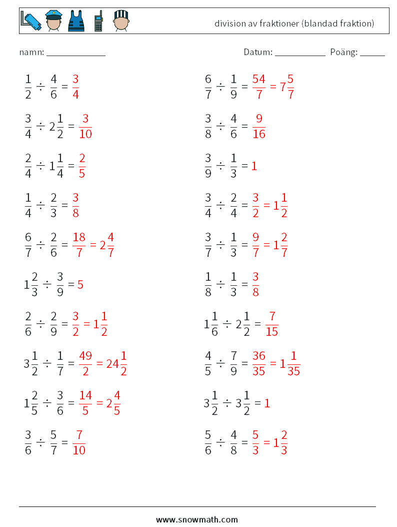 (20) division av fraktioner (blandad fraktion) Matematiska arbetsblad 18 Fråga, svar