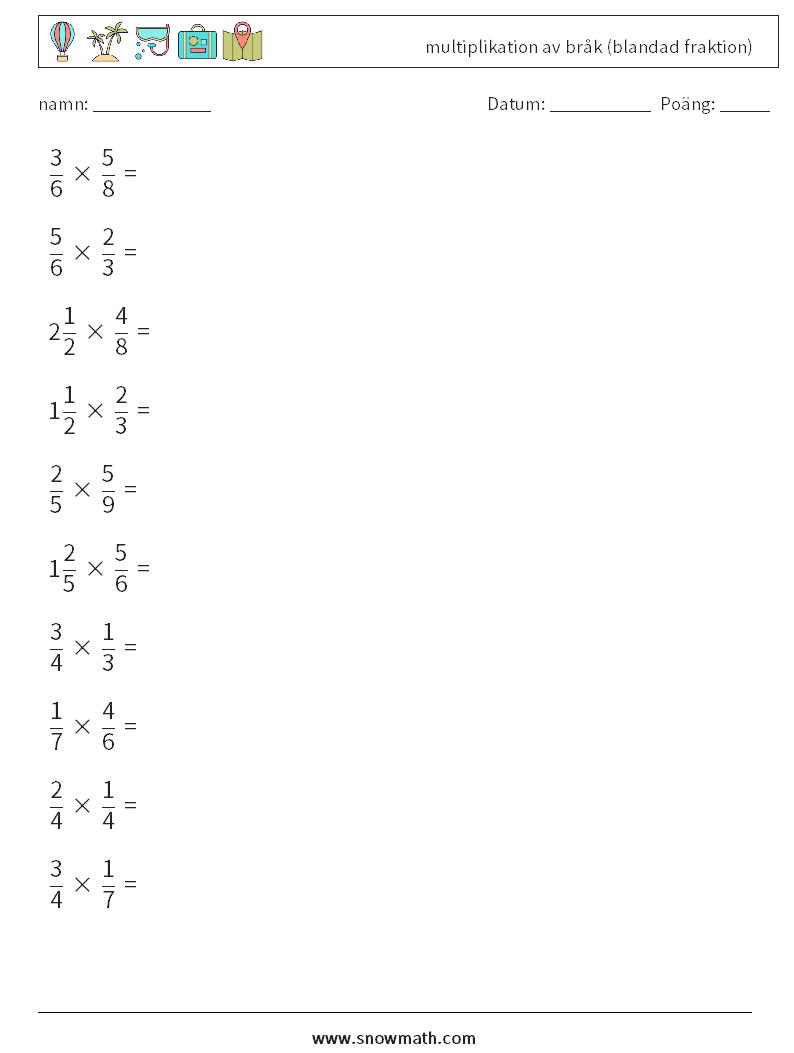 (10) multiplikation av bråk (blandad fraktion) Matematiska arbetsblad 11