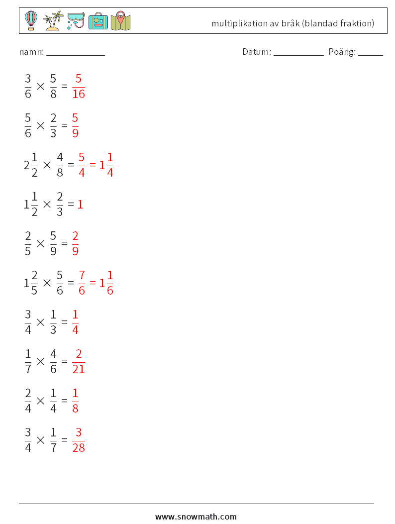 (10) multiplikation av bråk (blandad fraktion) Matematiska arbetsblad 11 Fråga, svar