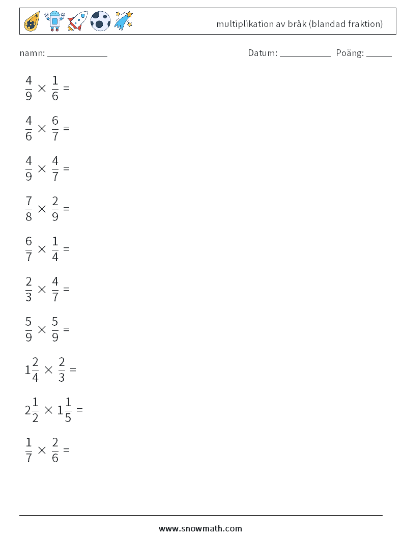 (10) multiplikation av bråk (blandad fraktion) Matematiska arbetsblad 12