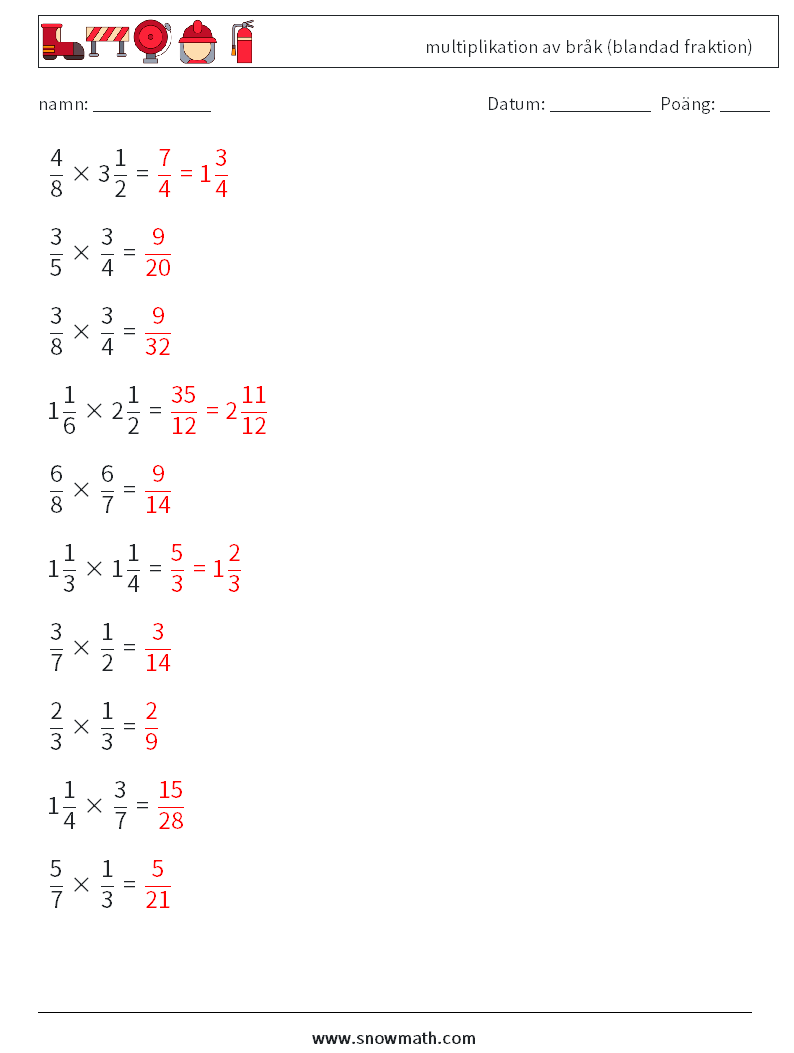 (10) multiplikation av bråk (blandad fraktion) Matematiska arbetsblad 14 Fråga, svar
